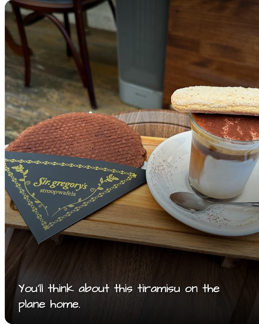 Little Sparrow dessert and coffee on wooden tray