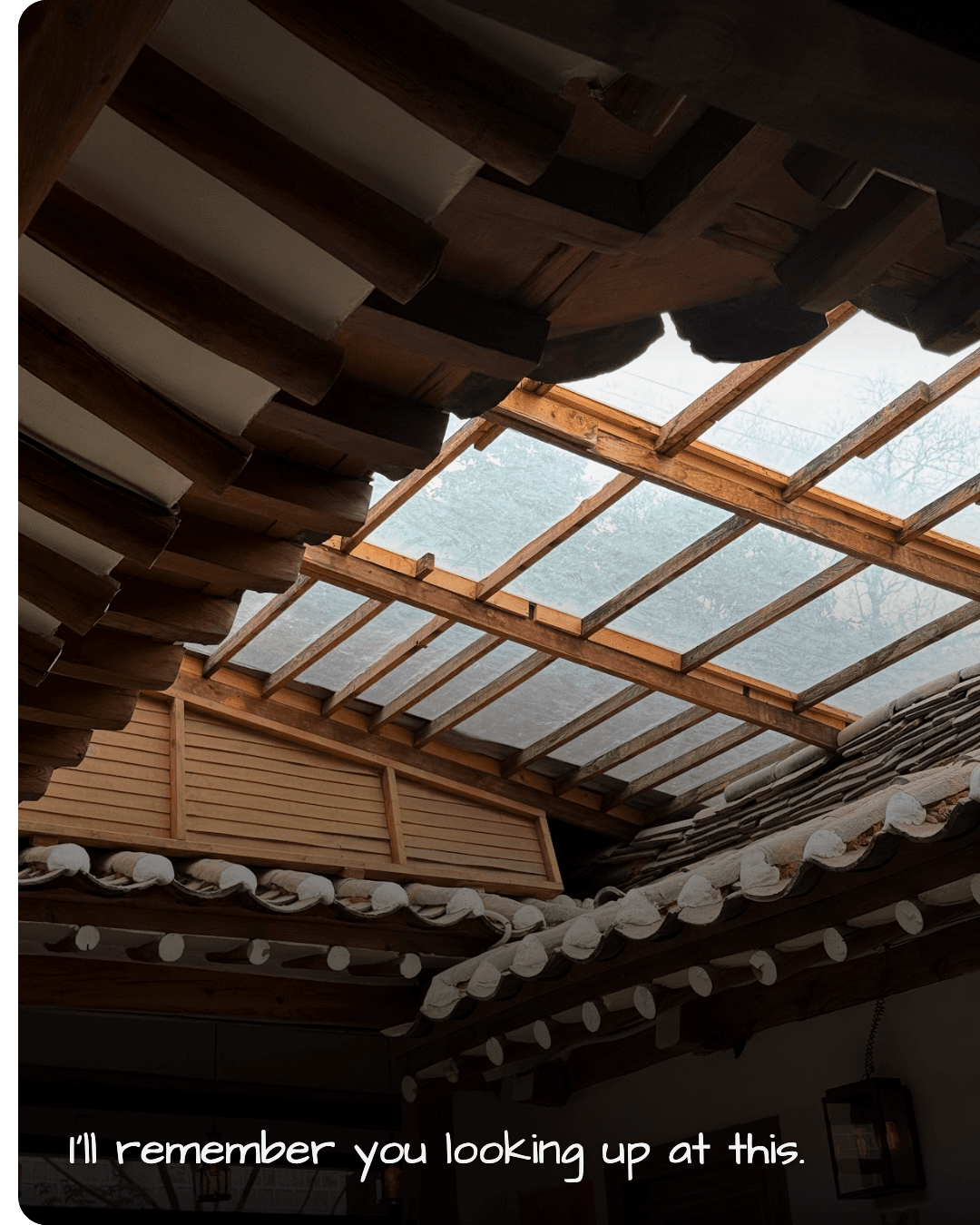 Heritage Club hanok ceiling beams from inside