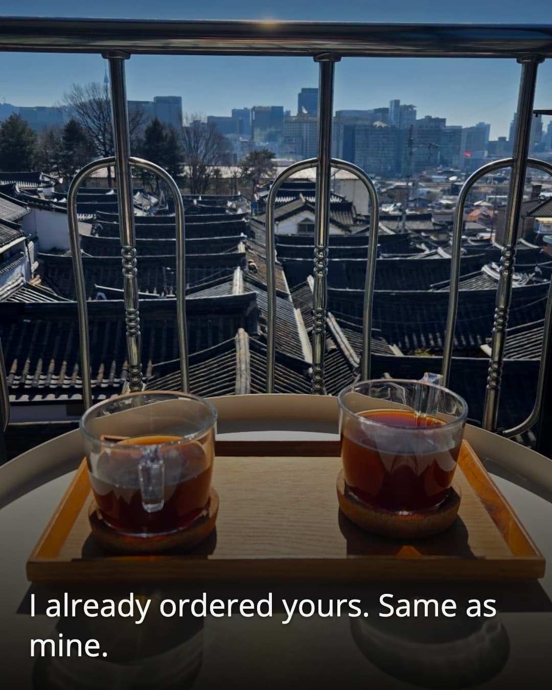 Bukchon Observatory rooftop tea glasses