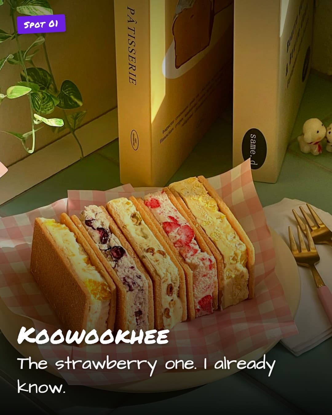 Koowookhee fruit sandwich on pink gingham