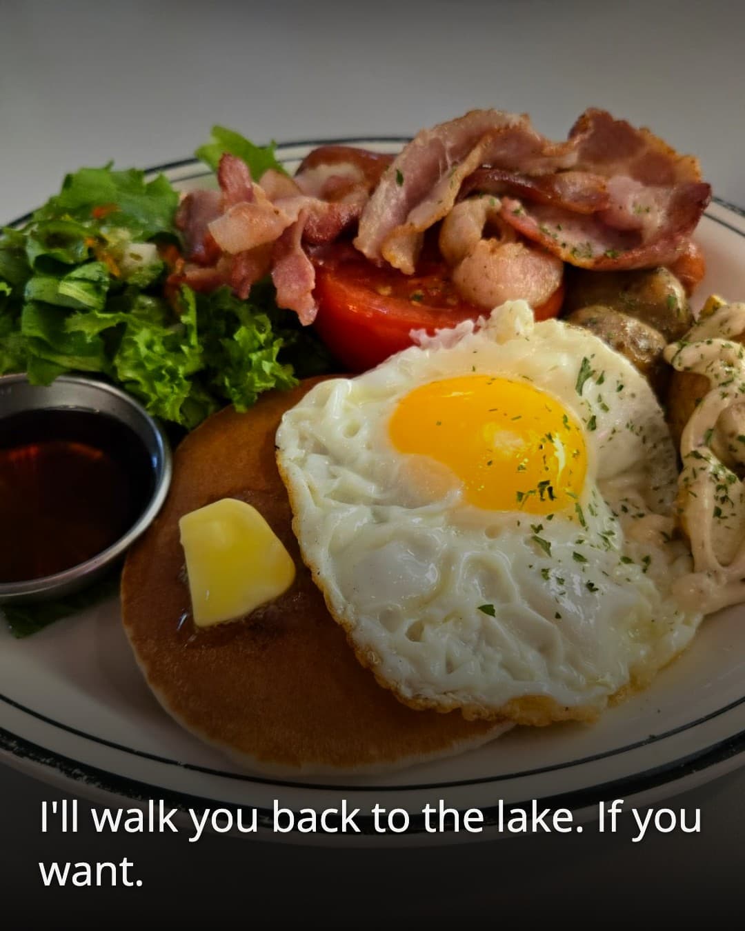 MIP brunch plate, last bite of pancake with egg yolk