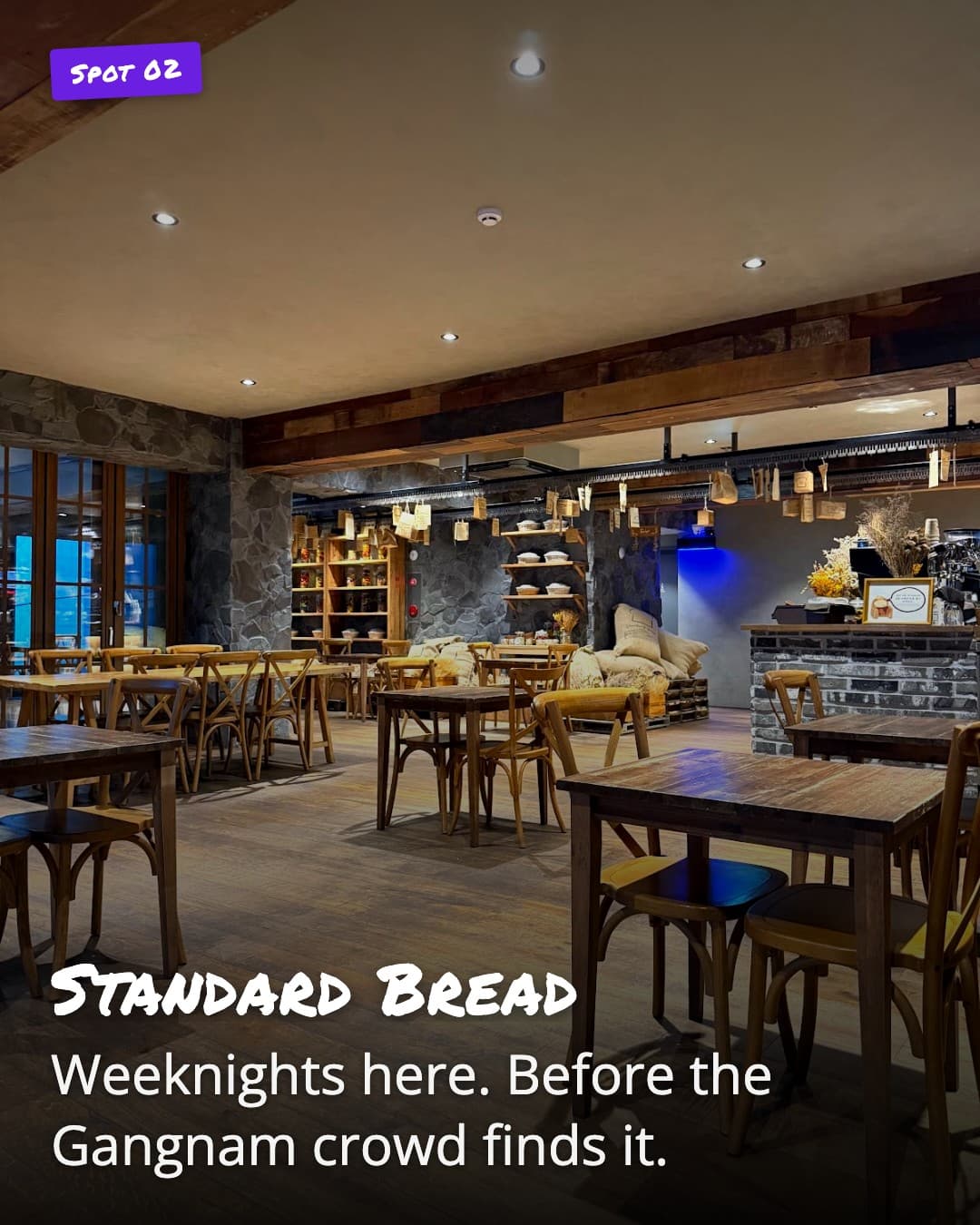 Standard Bread, empty wooden tables